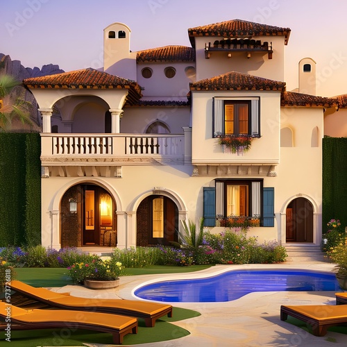 Image of a neo-mediterranean house with a casita in the backyard 2_SwinIRGenerative AI © Ai.Art.Creations