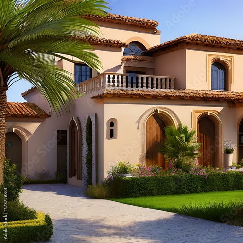 Image of a neo-mediterranean house with a stucco exterior and a tile roof 2_SwinIRGenerative AI © Ai.Art.Creations