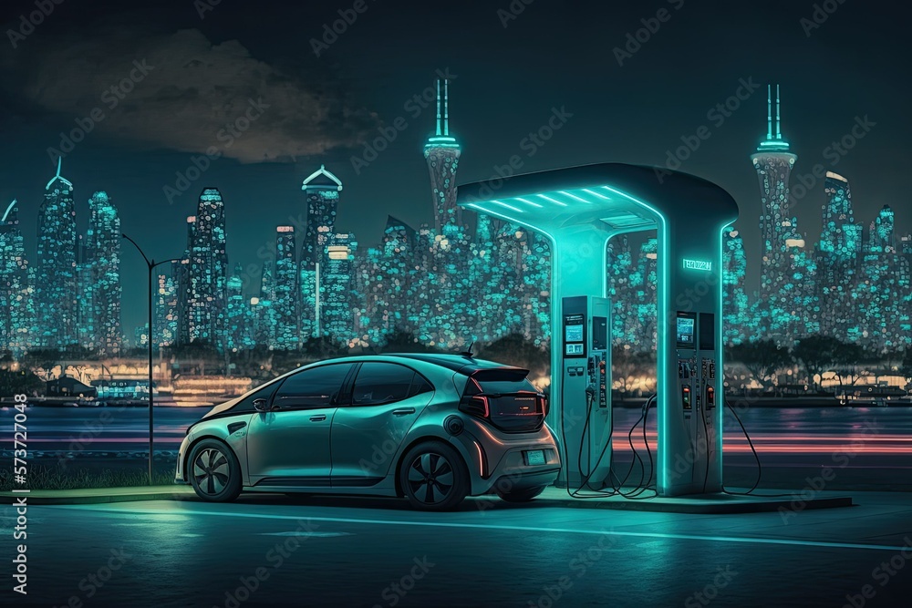 a future vehicle design with an electric automobile and an EV car charging station at a gas station set against a cityscape backdrop. Driven at night in a smart city by an electric vehicle. Power that