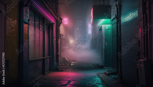 A photo-realistic depiction of a Cyberpunk alleyway with neon signs, volumetric lighting, and wispy low fog - a stunning wallpaper background photo