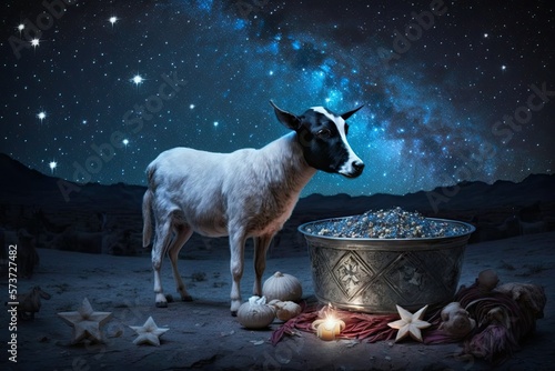 It is time to celebrate the Festival of Sacrifice, or Eid al Adha. Blue, starry night sky, a tagine, and a mixed race litter of white and black lambs. Generative AI