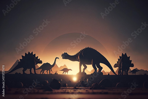 Ai artwork of sunset with dinosaur silhouettes in the foreground. Generative ai. © JG Marshall