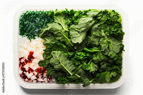 Blend of chopped greens stored in a plastic tub. Photograph of raw veggies taken from above  with white background. Making ready to freeze vegetable medley. Trays for storing food for the winter