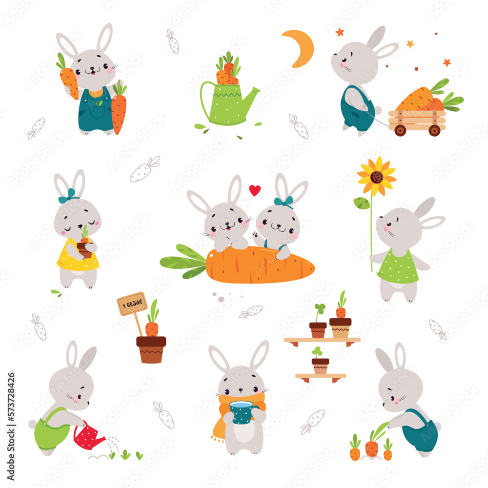 Cute Bunny Character with Orange Carrot Crop in the Garden Vector Set