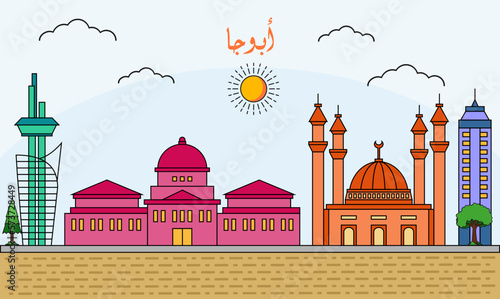One line art drawing of a Abuja skyline vector illustration. Traveling and landmark vector illustration design concept. Modern city design vector. Arabic translate : Abuja