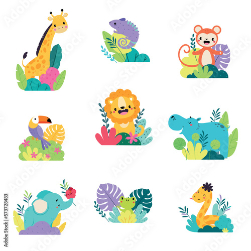 Photography Cute African animals in bushes set