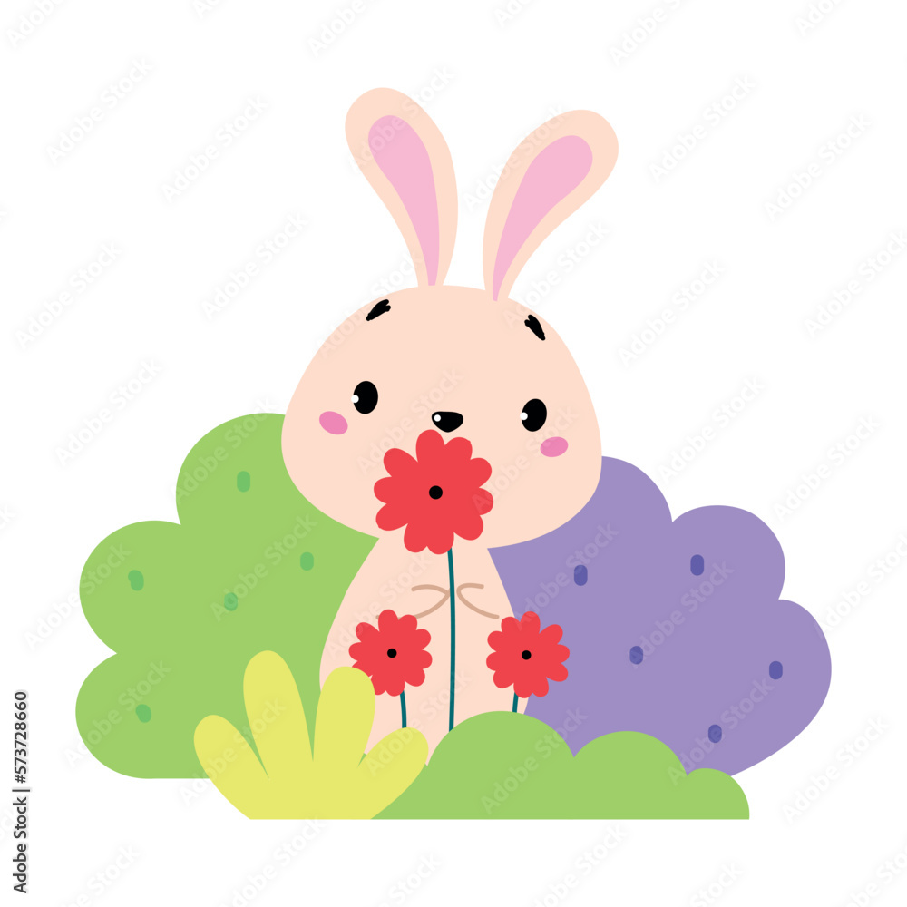 Cute bunny hiding in bushes. Adorable farm animal on nature cartoon vector illustration Cute bunny hiding in bushes. Adorable farm animal on nature cartoon vector illustration