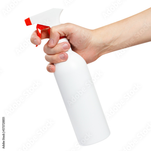 Hand with plastic spray bottle cut out
