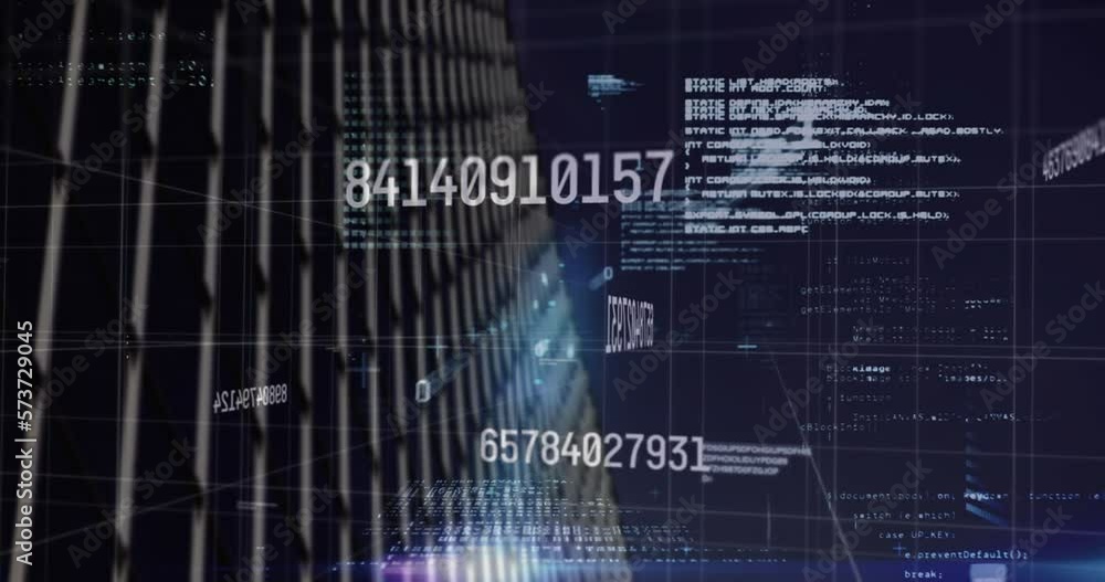 Animation of changing numbers and data processing against tall building Animation of changing numbers and data processing against tall building
