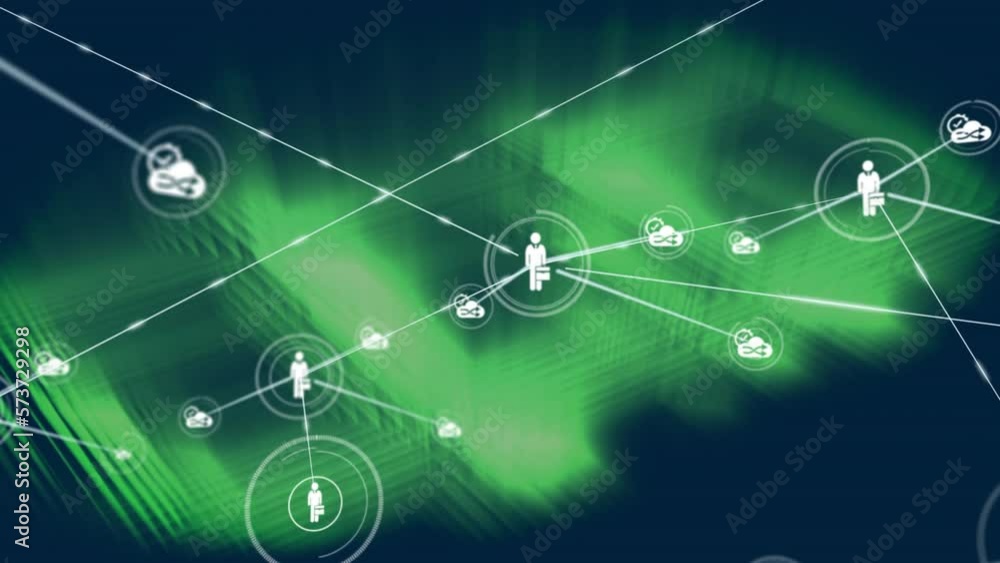 Animation of network of digital icons over green light trails against blue background Animation of network of digital icons over green light trails against blue background