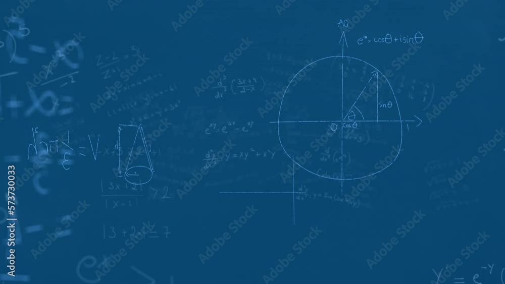 Animation of mathematical equations and diagrams floating against blue background Animation of mathematical equations and diagrams floating against blue background