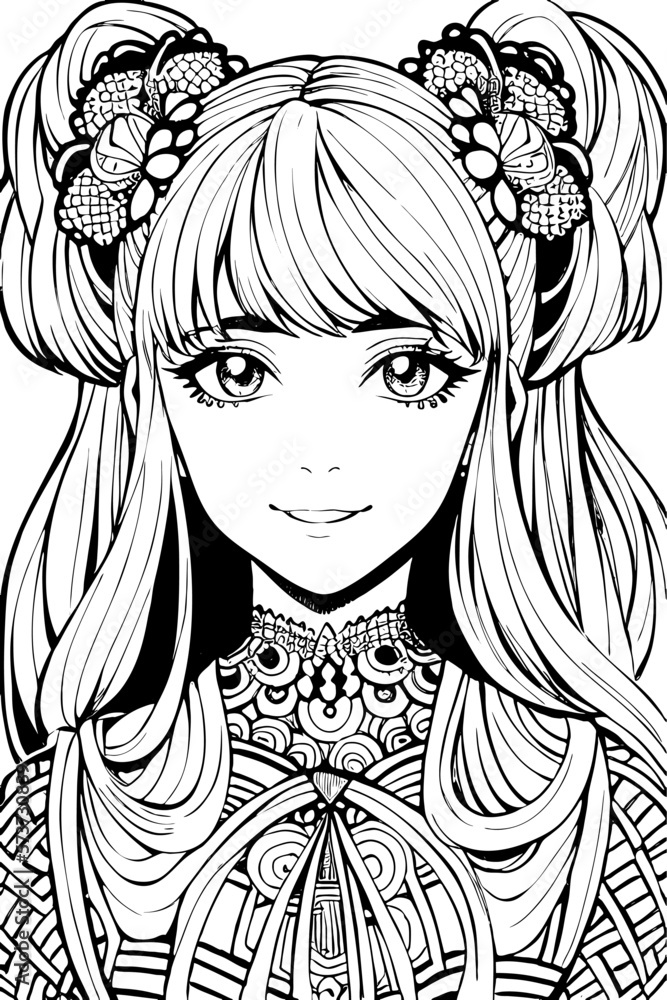 A beautiful girl, featuring decorations and costumes, doodle, coloring book. Vector illustrator A beautiful girl, featuring decorations and costumes, doodle, coloring book. Vector illustrator