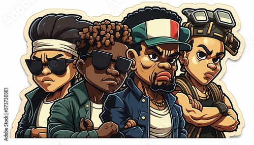 sticker art of a 90s gangsta rap group, in the art style of side-scrolling fighting games , on a white background photo