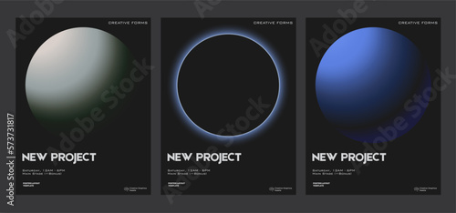 Set of futuristic poster covers with circular gradient black background. Minimal templates for posters, book covers, placards, presentation, flyers.