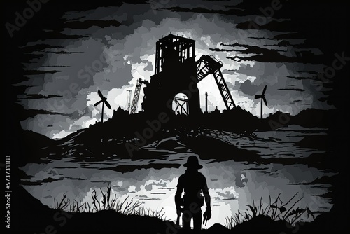 Pit gear from an abandoned Welsh coal mine, silhouetted against a darkening sky. Generative AI
