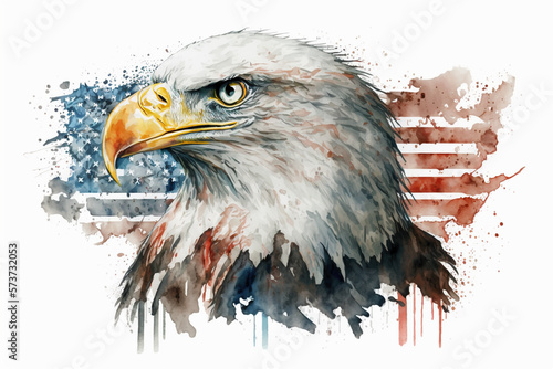 Bald eagle portrait shot abstract American flag in the background watercolor, Generative AI