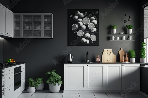 Decorated cooking area. a picture of a cheery kitchen. An empty wall separates the kitchen from the rest of the house. Add ons for the catalog. Generative AI photo