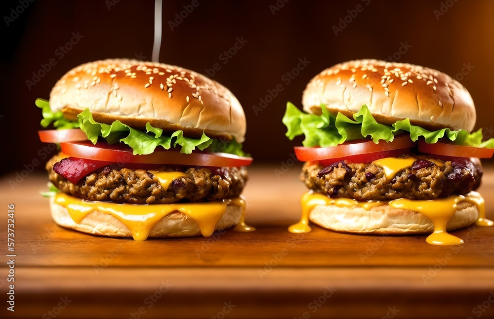 Delicious cheeseburgers sitting on counter with bokeh, ai generated yumminess Delicious cheeseburgers sitting on counter with bokeh, ai generated yumminess