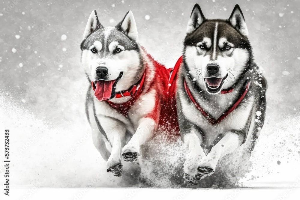 In the winter, two Siberian huskies, one red and one gray, pull a sled through the snow. Generative AI
