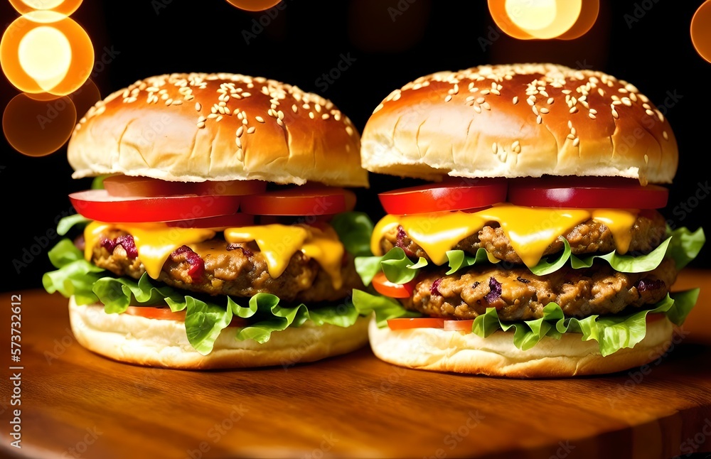 Delicious cheeseburgers sitting on counter with bokeh, ai generated yumminess Delicious cheeseburgers sitting on counter with bokeh, ai generated yumminess