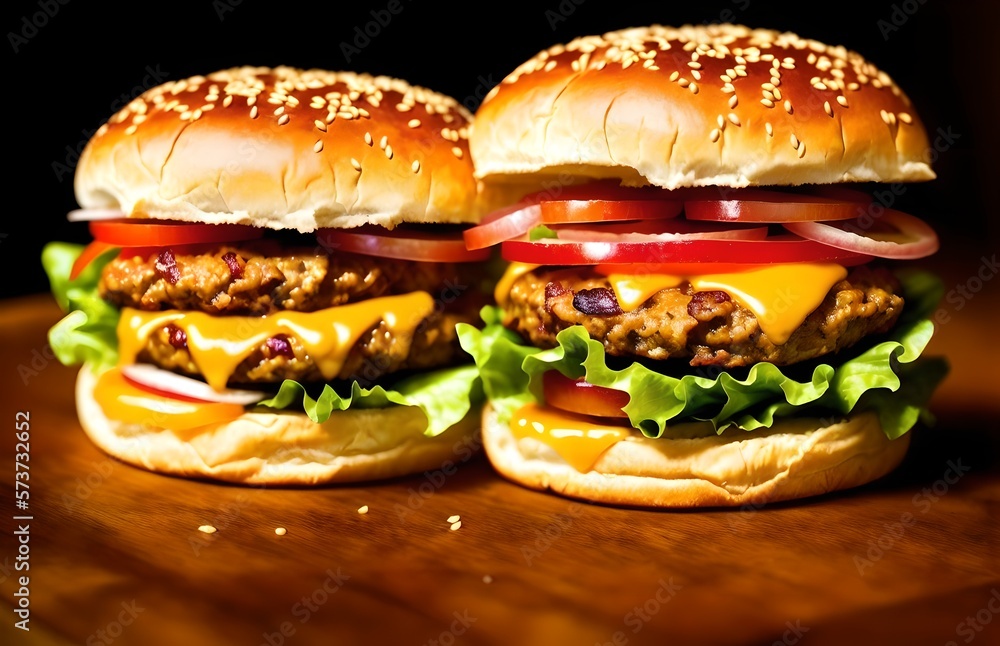 Delicious cheeseburgers sitting on counter with bokeh, ai generated yumminess Delicious cheeseburgers sitting on counter with bokeh, ai generated yumminess