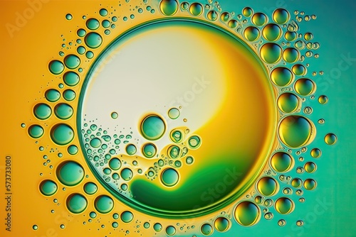 Cascading bubbles against a beer brew. An outline of an oil drop on a sunny yellow background. Pattern of water bubbles in the shape of a golden circle. Generative AI