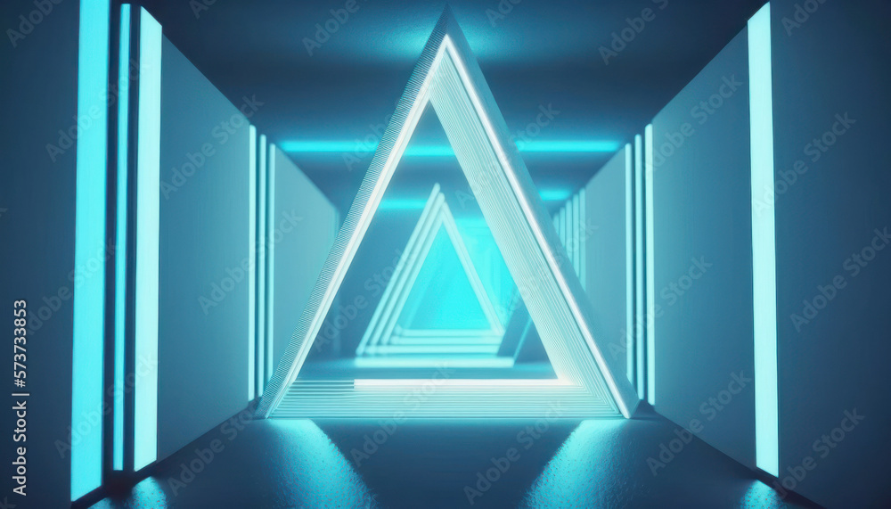 Generative AI illustration of glowing triangles in a futuristic hallway. Generative AI illustration of glowing triangles in a futuristic hallway.