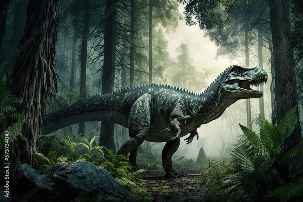 Fototapeta premium Prehistoric reptile living amongst the trees. The background of a primeval woodland and a massive dinosaur. Generative AI