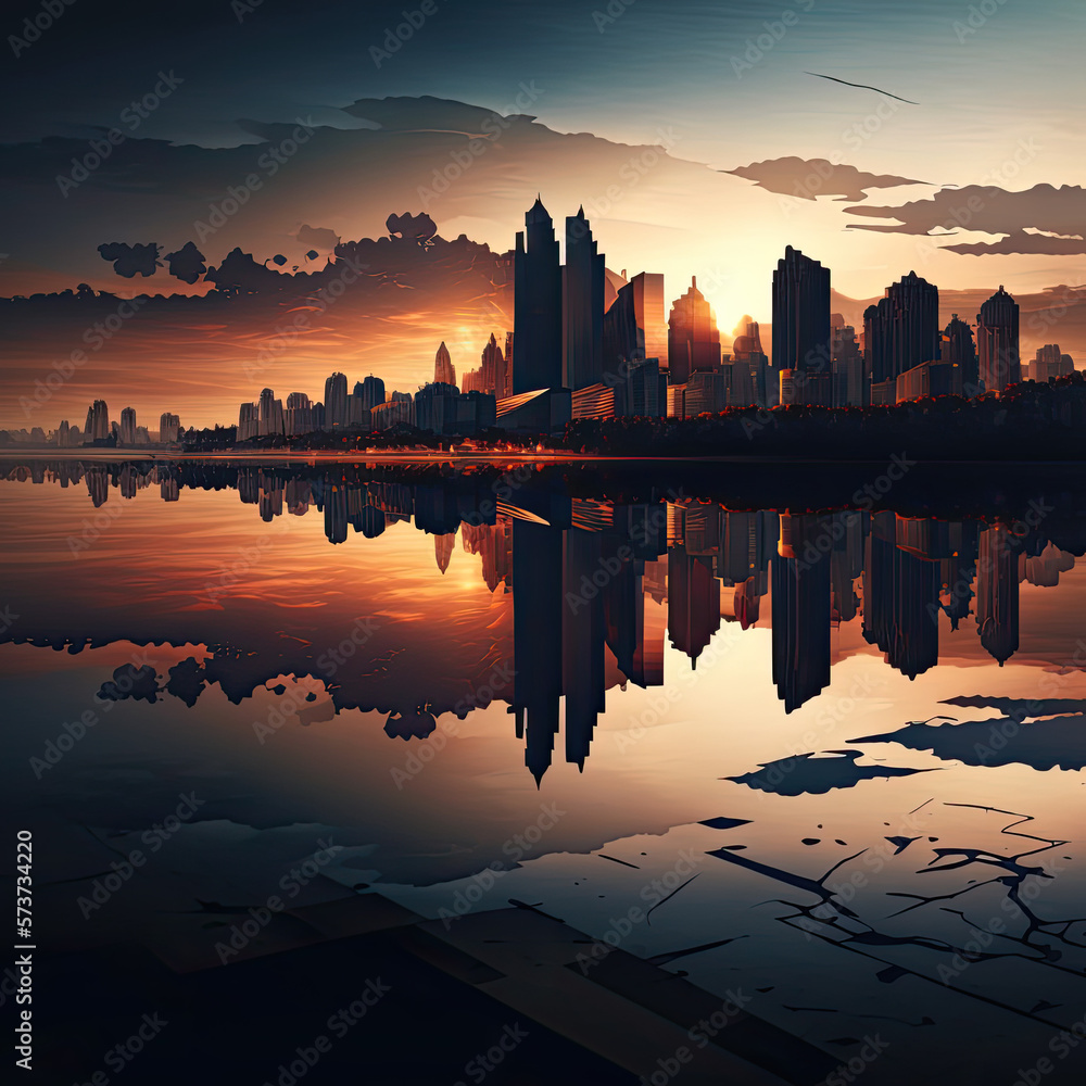 Panoramic view of a city skyline at sunset with reflections
