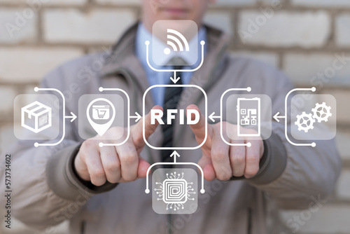 Man using virtual touchscreen presses acronym: RFID. Concept of RFID - Radio Frequency Identification Communication Shopping Digital Technology. RFID Logistics Tracking, Electromagnetic Track Tag.