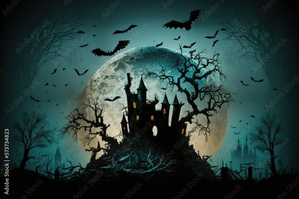 Getting from the cemetery to the fortress During a terrifying full moon with bats perched on a decaying tree. Conceptual Halloween event banner backdrop. Generative AI