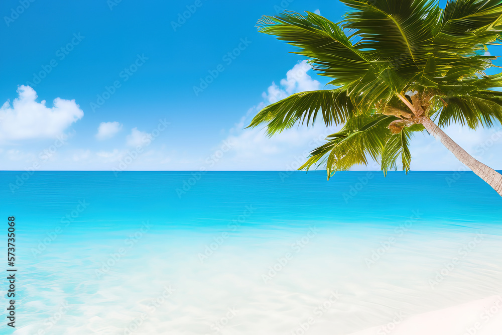 Tropical island view with white sand beach, palm trees and cristal clear sea water