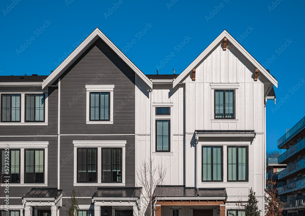 New residential townhouses. Modern apartment buildings in BC Canada. Modern complex of apartment buildings New residential townhouses. Modern apartment buildings in BC Canada. Modern complex of apartment buildings