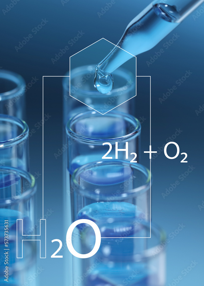 Chemical formulas. Dripping reagent into test tube on light blue background, closeup Chemical formulas. Dripping reagent into test tube on light blue background, closeup