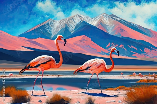 Bolivia's Eduardo Avaroa Andean Fauna natural reserve, home to the James flamingo (Phoenicoparrus jamesi). Generative AI photo