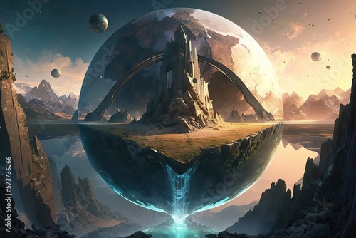 Science Fiction Scene With Another Planets With Another Civilizatios, and Races, and Species, Reflecting the existance beyond our actual knowledge, generative ai photo