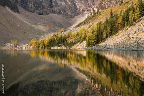 An autumn view from the west end of Lake Agnes at Lake Louise, Alberta, Canada