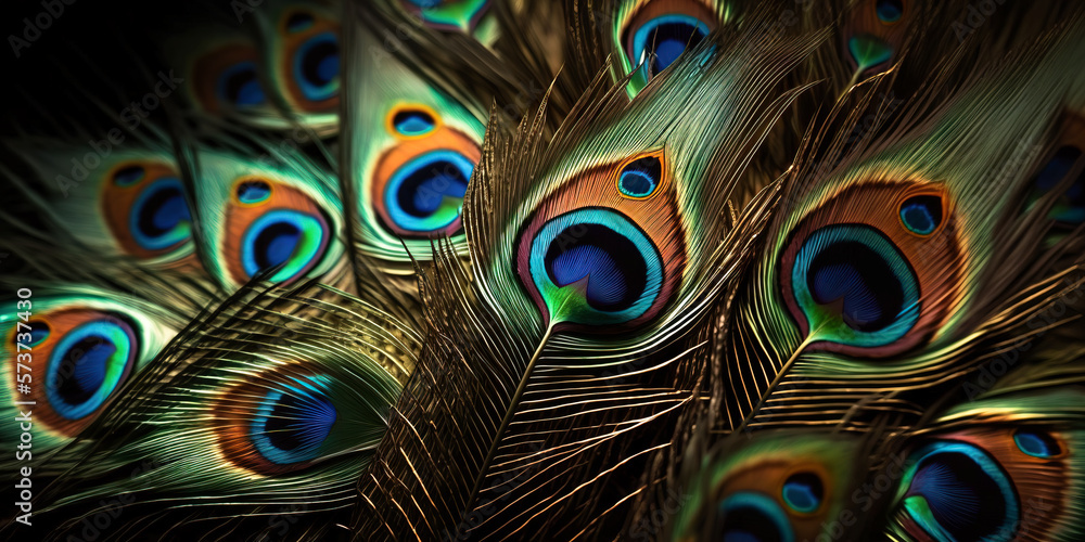 Obraz premium Peacock feather close up, bright colorful bird feathers. Image created with generative ai 