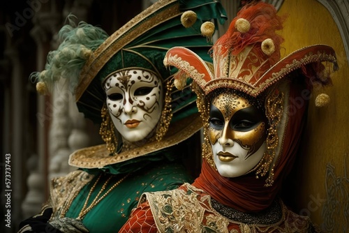 Carnival attire and masks were worn by the participants. Jeweled and fabric rich evening gowns. Piazza San Marco is hosting a mask exhibition for the carnival season. Generative AI © 2rogan