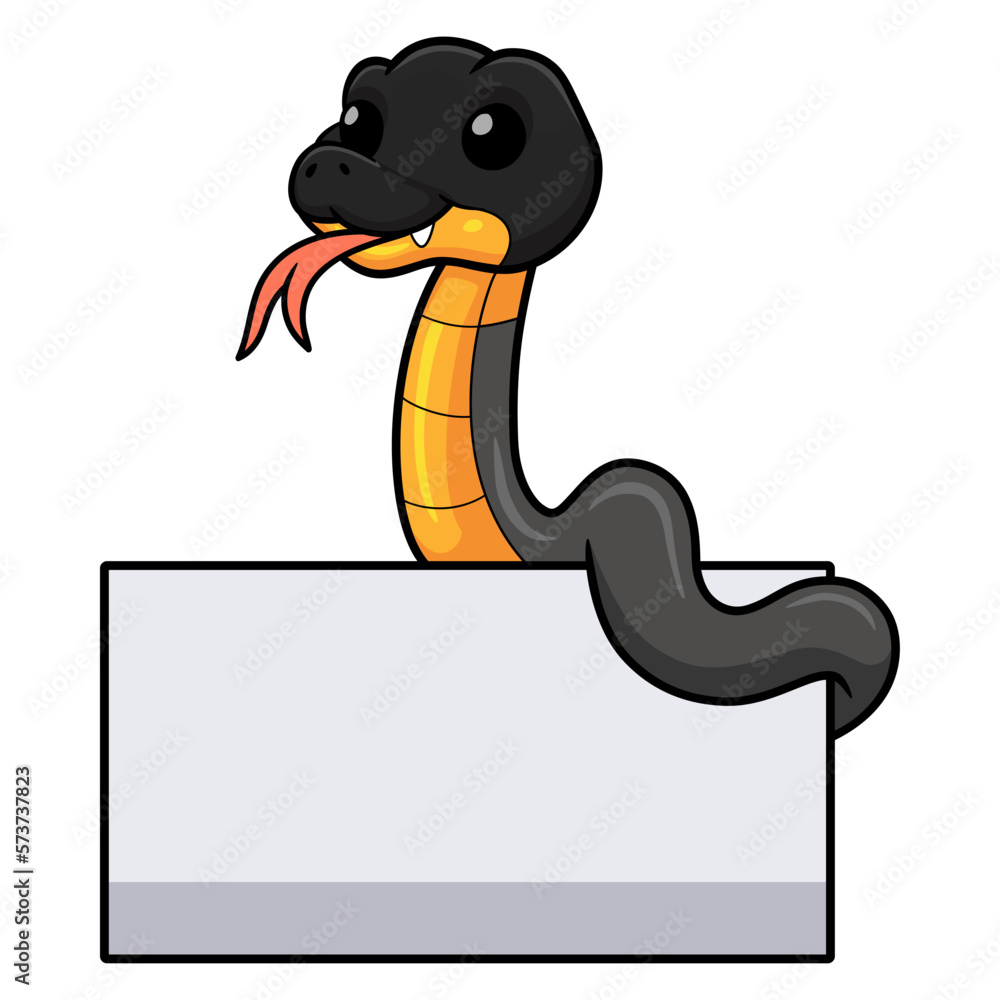 Obraz premium Cute northern ringneck snake cartoon with blank sign
