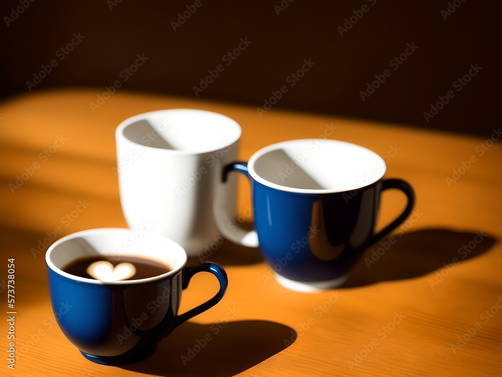 Coffee cups sitting on a wood table with lights and bokeh Coffee cups sitting on a wood table with lights and bokeh