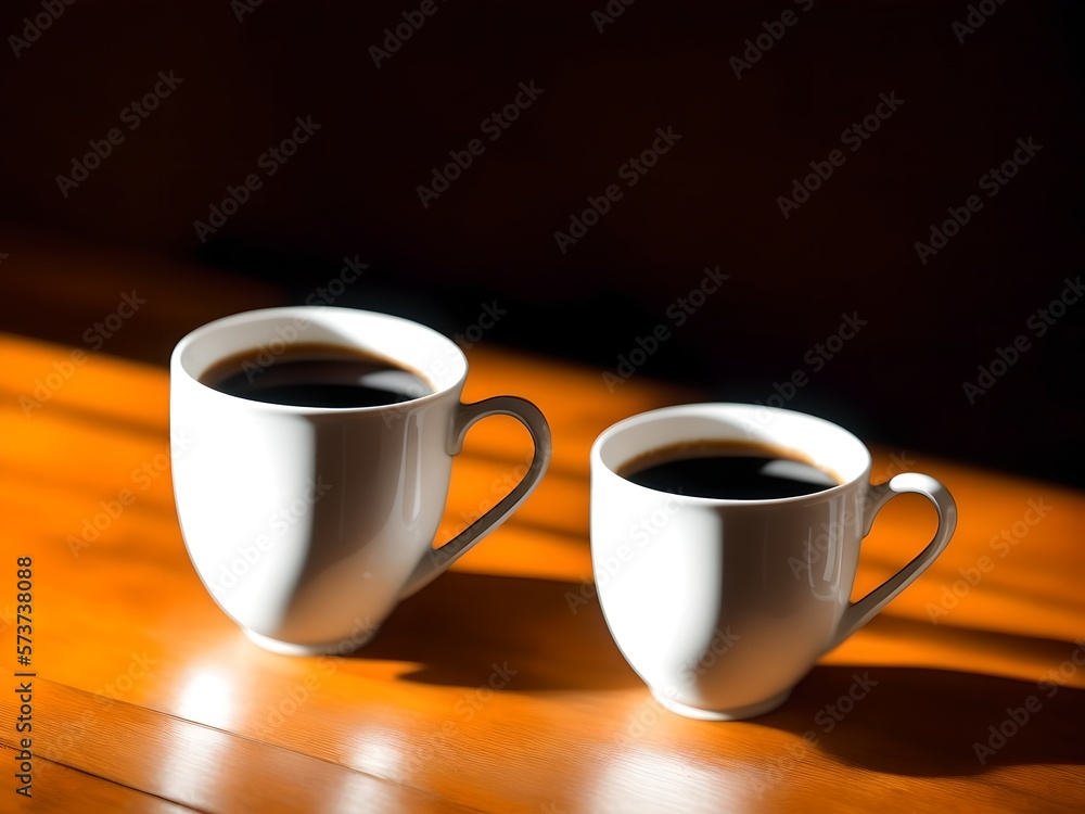 Coffee cups sitting on a wood table with lights and bokeh Coffee cups sitting on a wood table with lights and bokeh