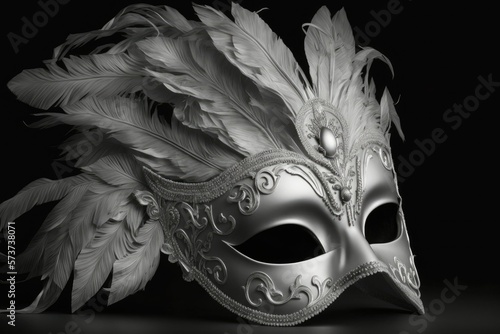 Feathered white and silver Venetian mask against a black background. Generative AI