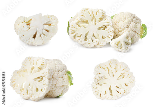 Collage of fresh raw cauliflowers on white background