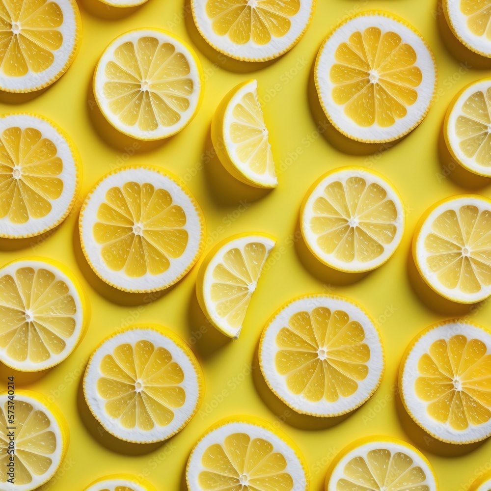 pattern of fresh lemon slices background, colorful seamless texture, close up , generative ai