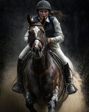 Female rider on beautiful horse running gallop, Generative AI