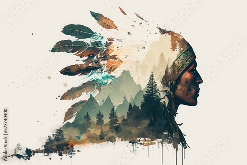 Murais de parede Native american silhouette, head morphing into mountains, landscape, feathers or