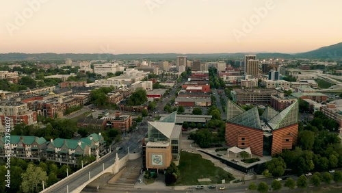 Aerial 4K Drone Video Over the Tennessee River Looking into Downtown Chattanooga on a Beautiful Spring Evening