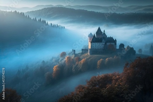 A misty  beautiful morning at Jezeri Castle in November. The gorgeous autumn landscape seen from above. A massive Czechoslovak army coal mine is shrouded in fog. Generative AI