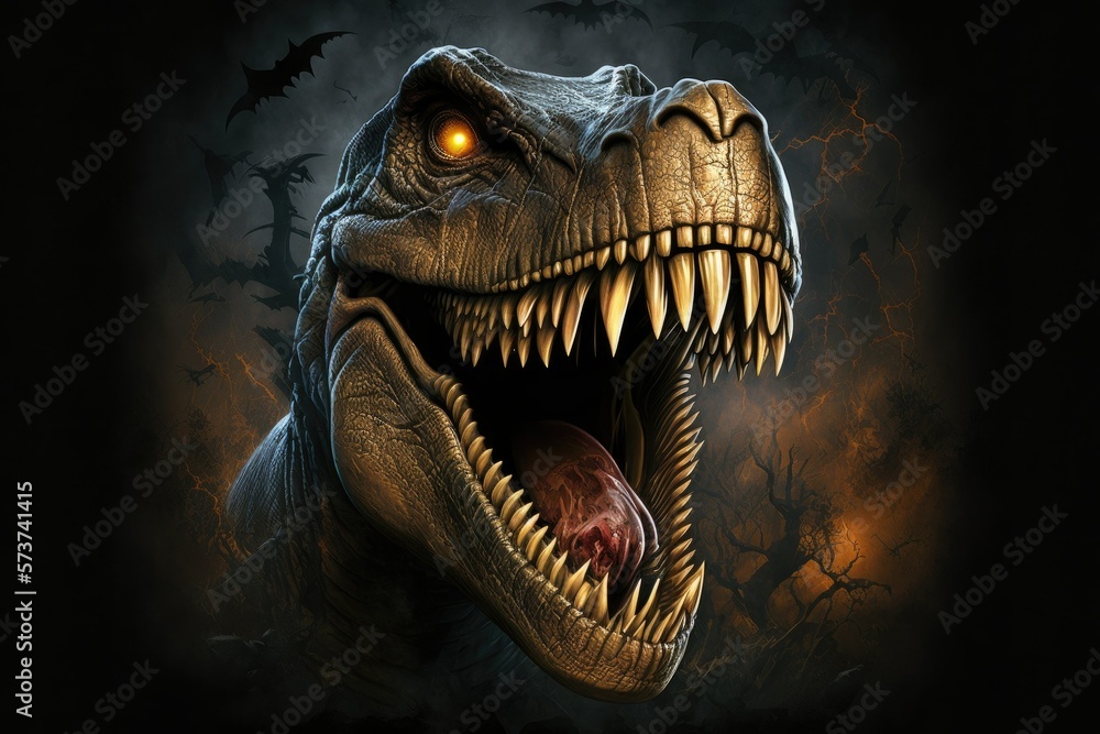 Trex the terrorizing mummy dinosaur roars in for Halloween. Generative AI Trex the terrorizing mummy dinosaur roars in for Halloween. Generative AI